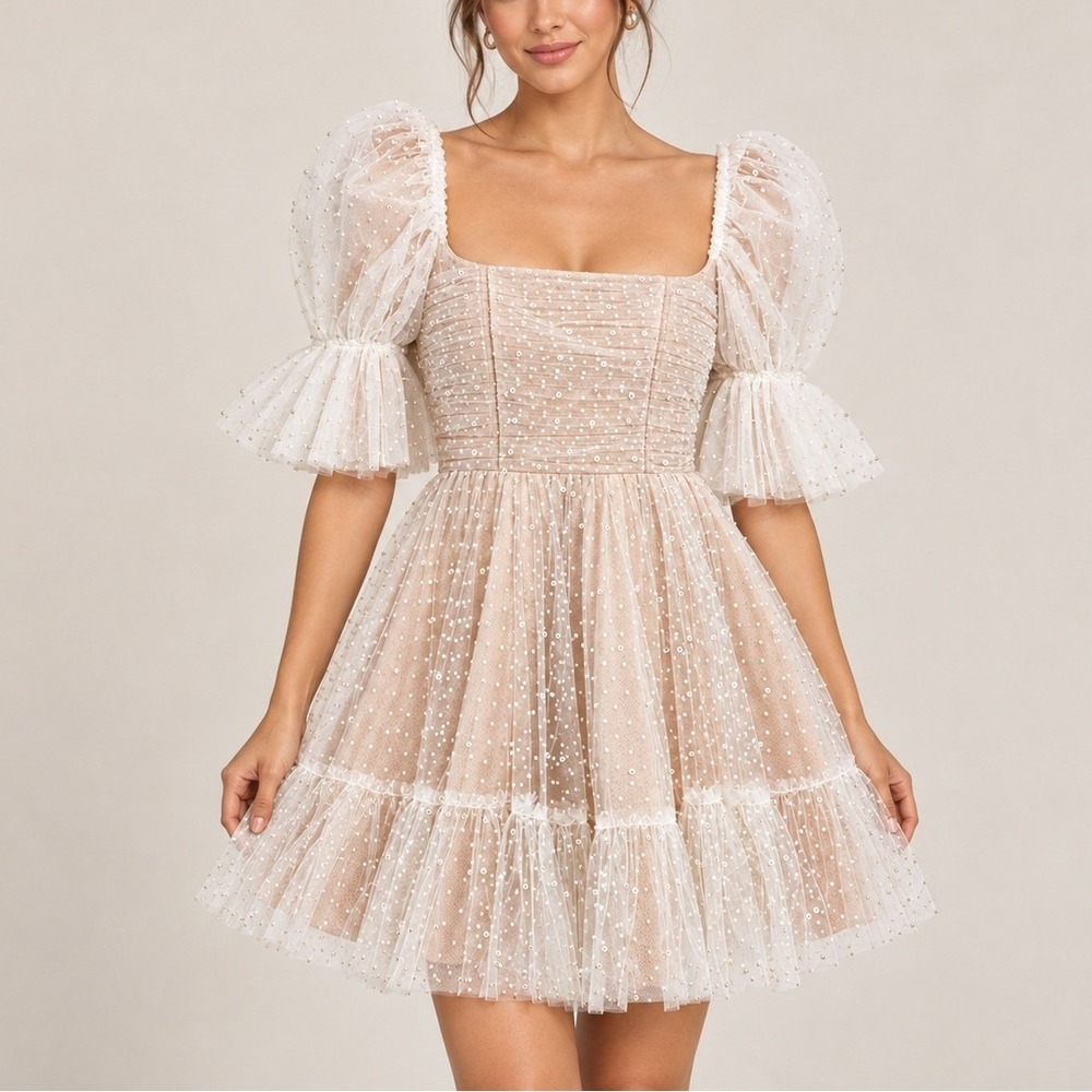 By Watters Macaron Square-Neck Tulle Embellished Mini Dress 4 Wedding Bridal